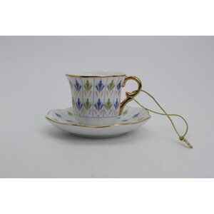 Porcelain Teacup Ornament with Saucer • Blue & Green Floral • Gold Handle